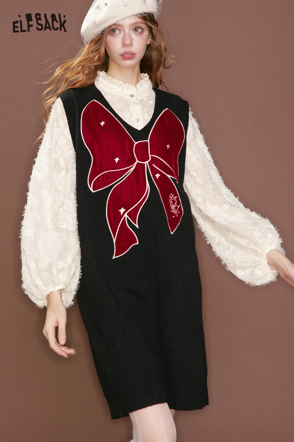 ELFSACK Chiffon bow vest dress for women in black with a red bow design for a stylish look