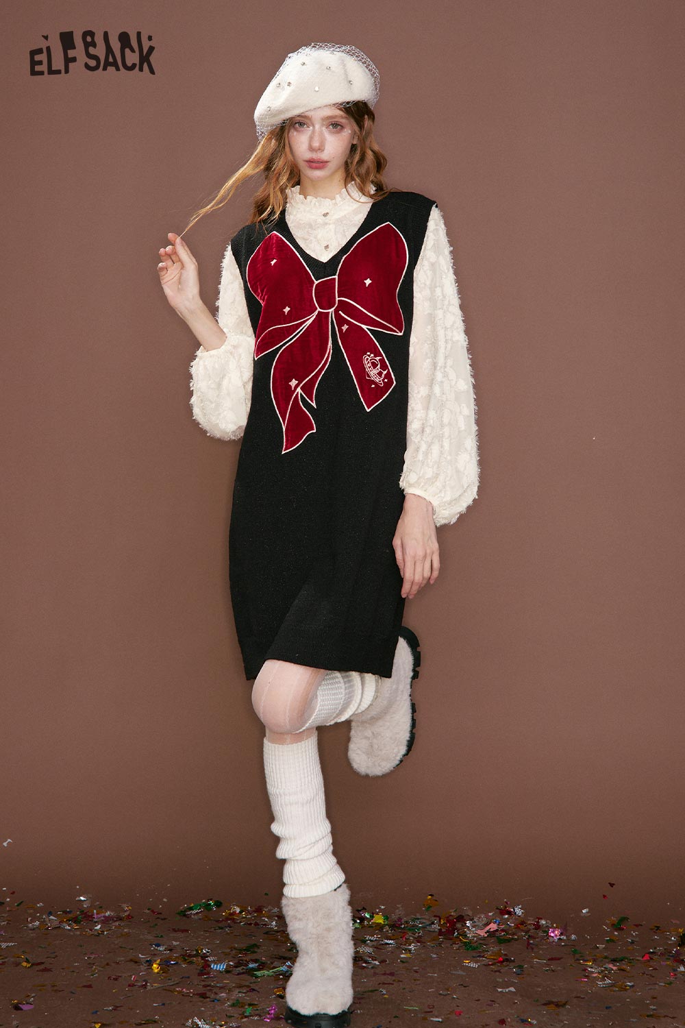 ELFSACK chiffon bow vest dress for women featuring a bold bow detail and layered sleeves