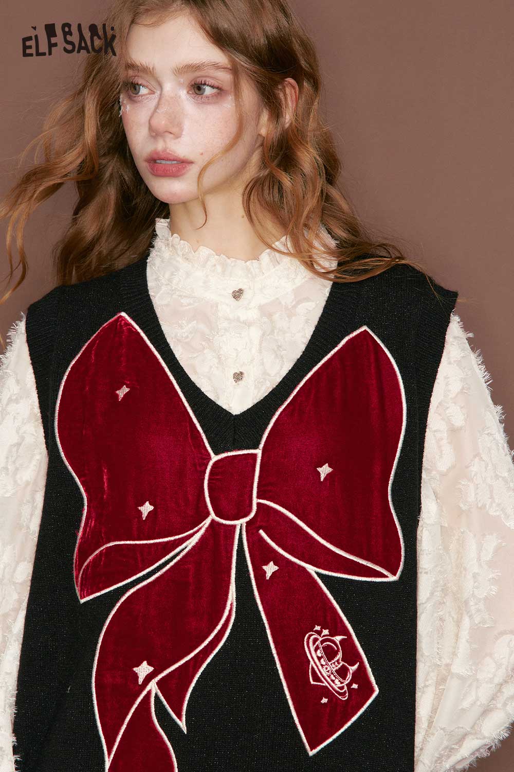 ELFSACK chiffon bow vest dress for women featuring a bold bow design in burgundy and a stylish black background