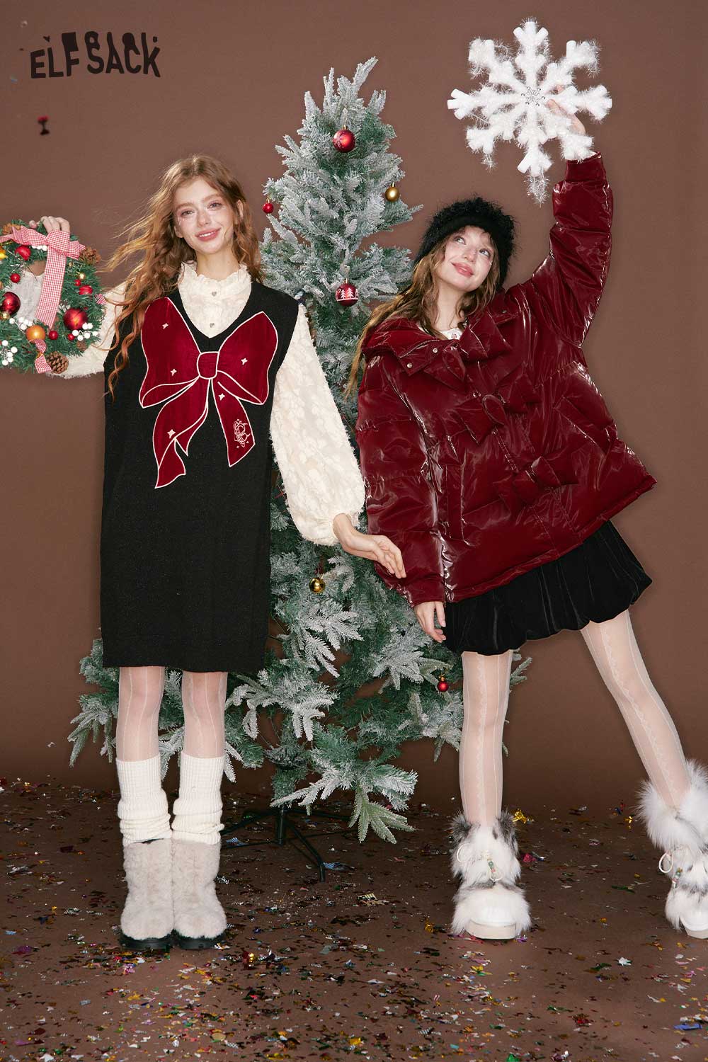 ELFSACK Chiffon bow vest dress for women styled with festive winter accessories in a holiday setting