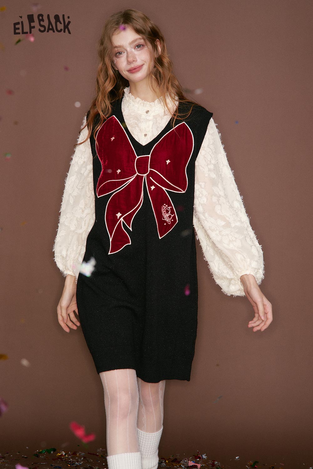 ELFSACK chiffon bow vest dress for women featuring a large red bow and a stylish layered look