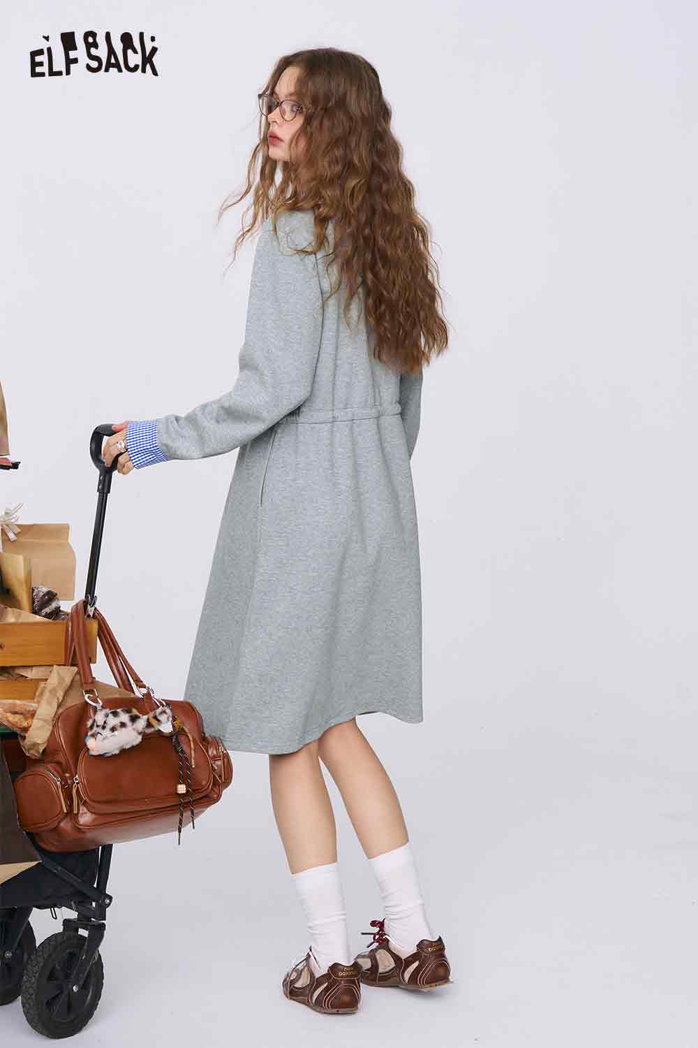 ELFSACK gray cinched waist dress for women soft knit long sleeve midi dress styled for casual daywear