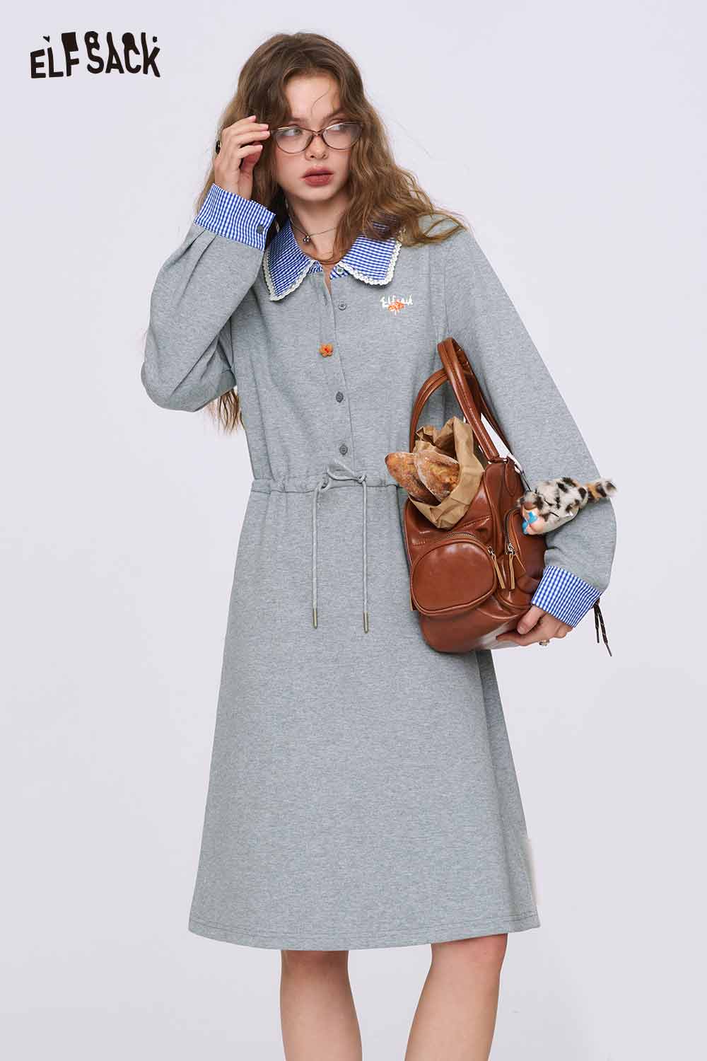 ELFSACK gray cinched waist dress for women with contrast blue gingham collar and cuffs long sleeves knee length