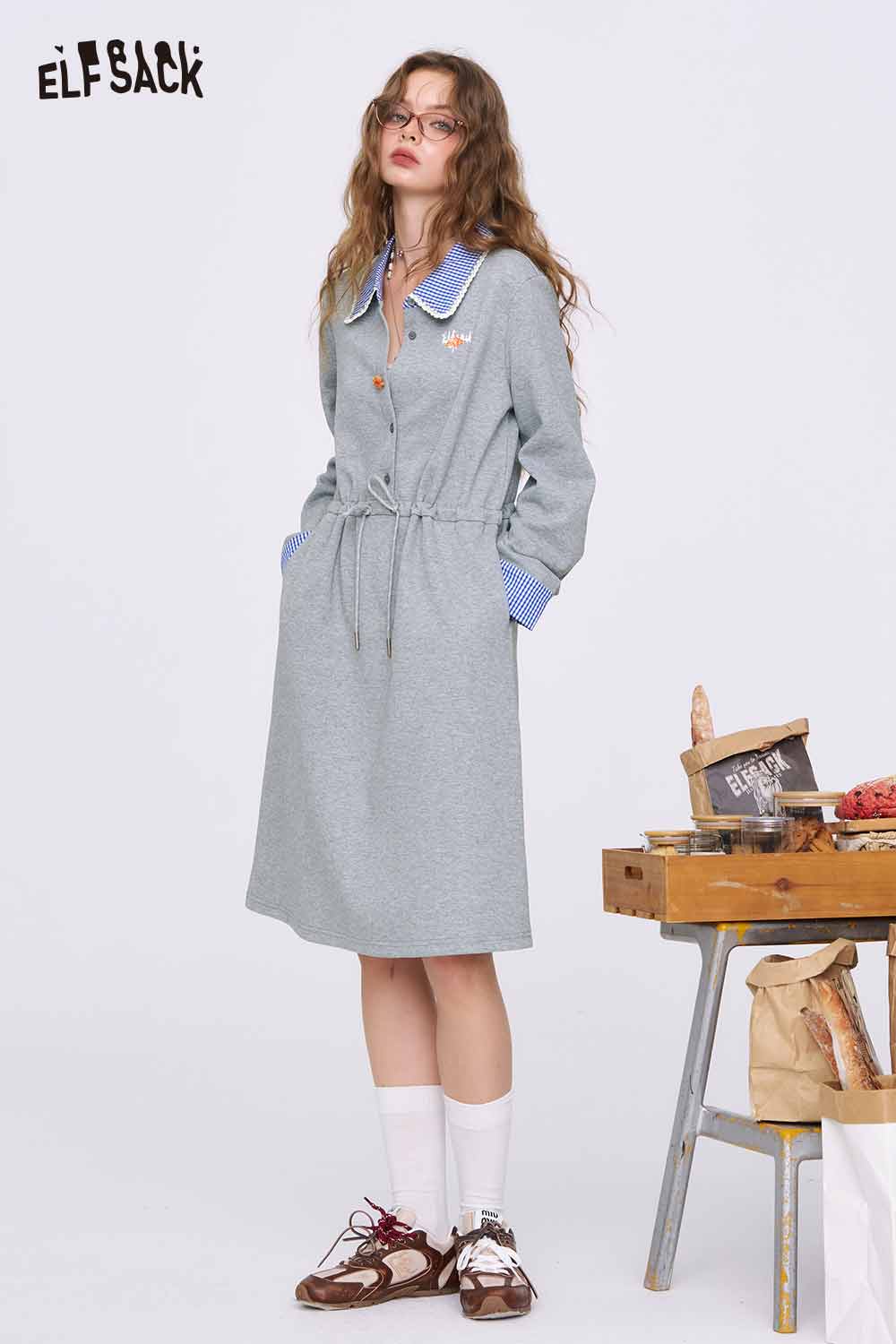 ELFSACK gray cinched waist dress for women knee length long sleeve with blue collar and pockets