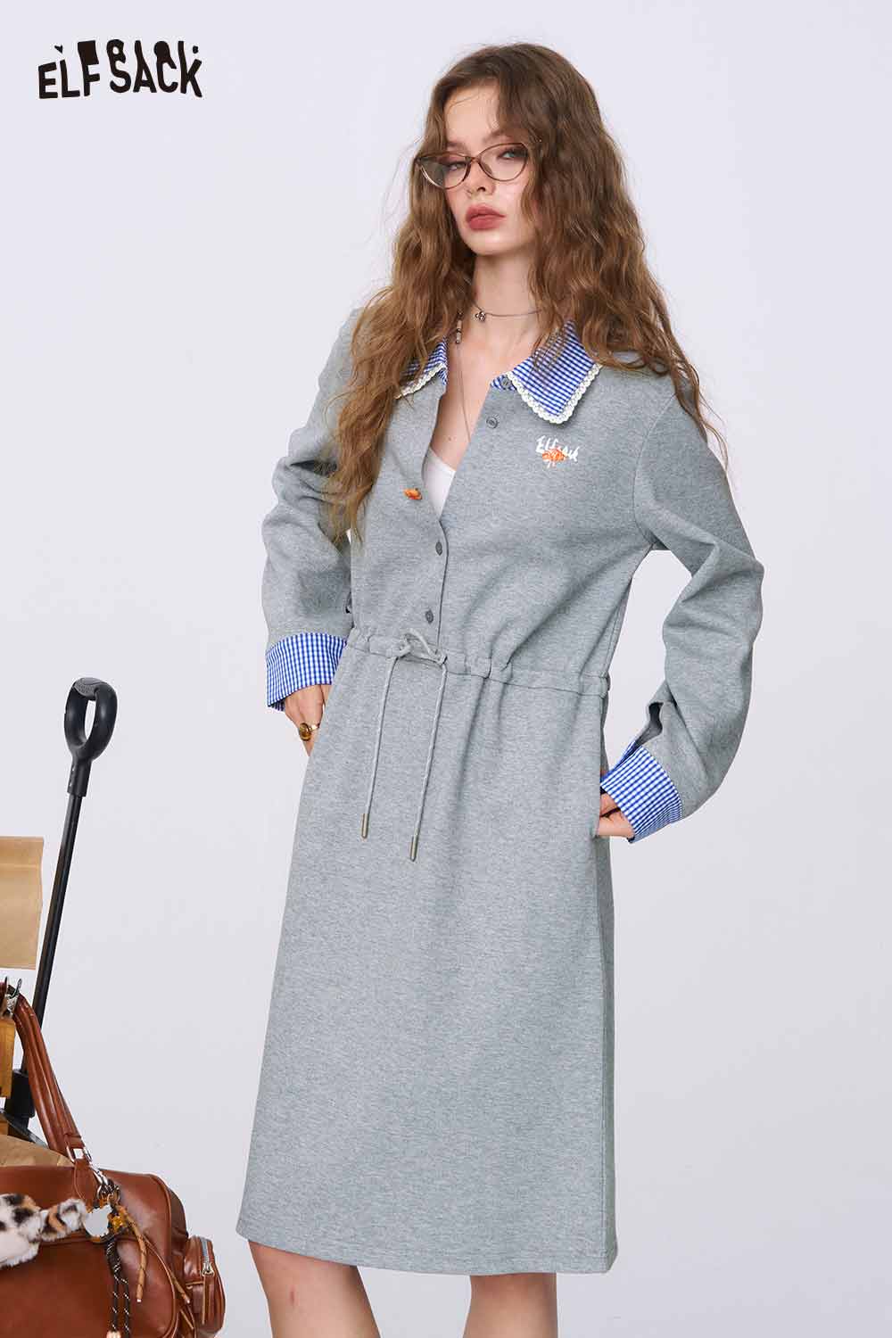 ELFSACK gray cinched waist dress for women knee length long sleeve casual dress with gingham collar