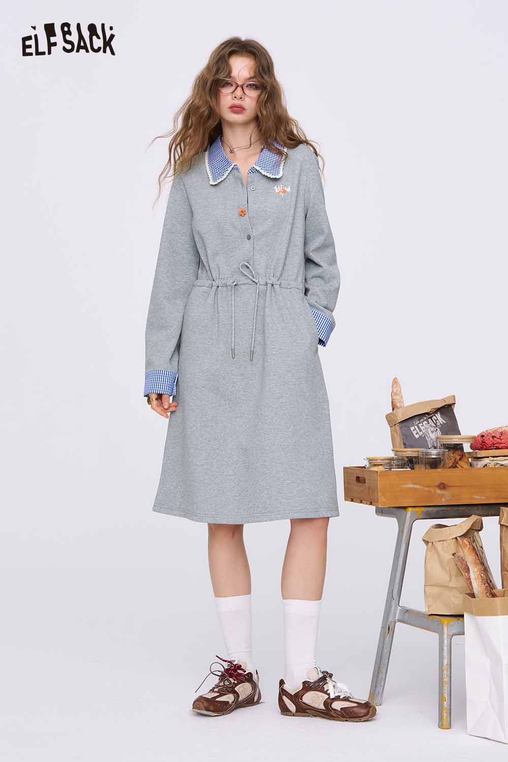ELFSACK gray cinched waist dress for women with long sleeves and contrast collar plus drawstring waist
