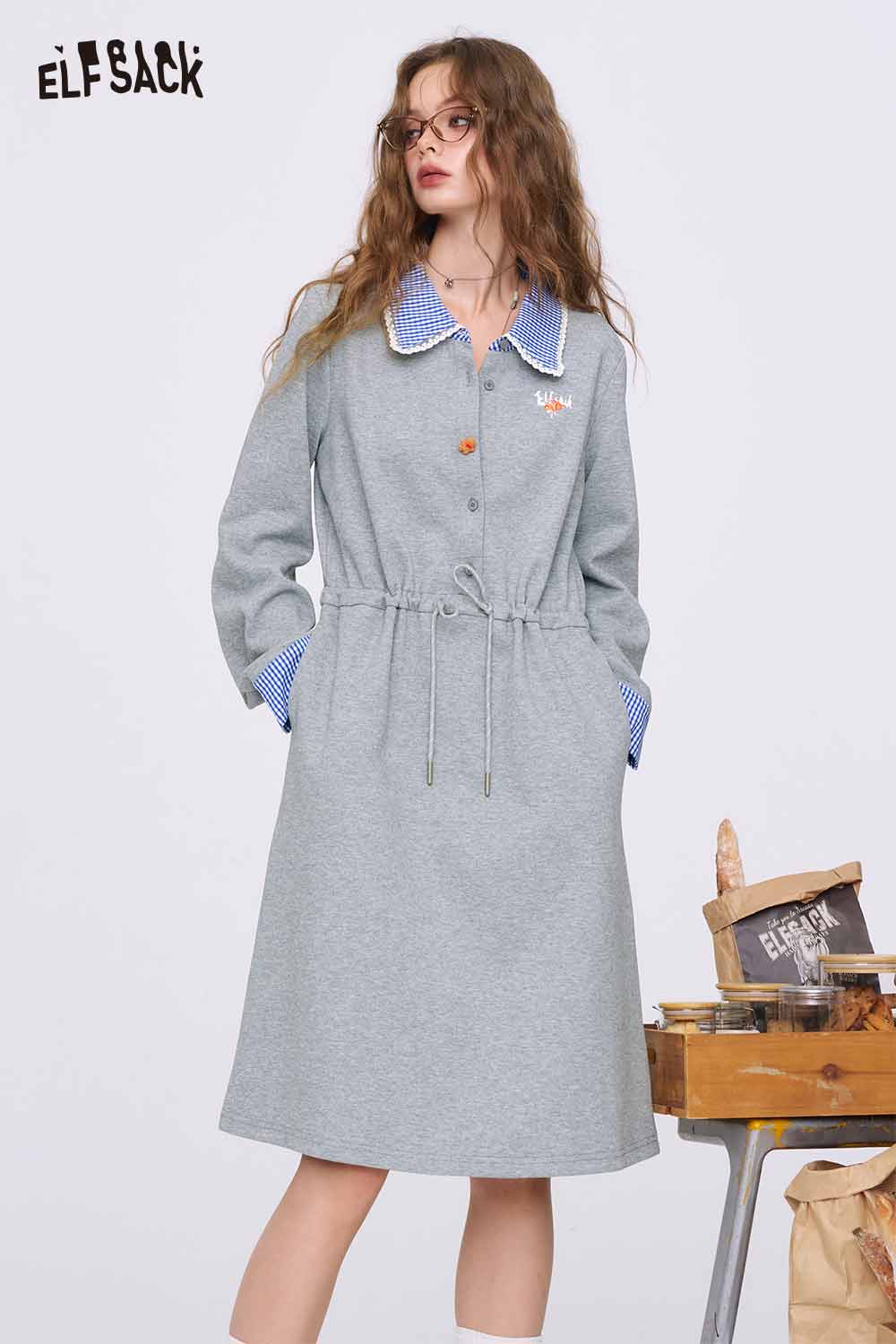 ELFSACK gray cinched waist dress for women with blue gingham collar and cuffs long sleeve casual knee length