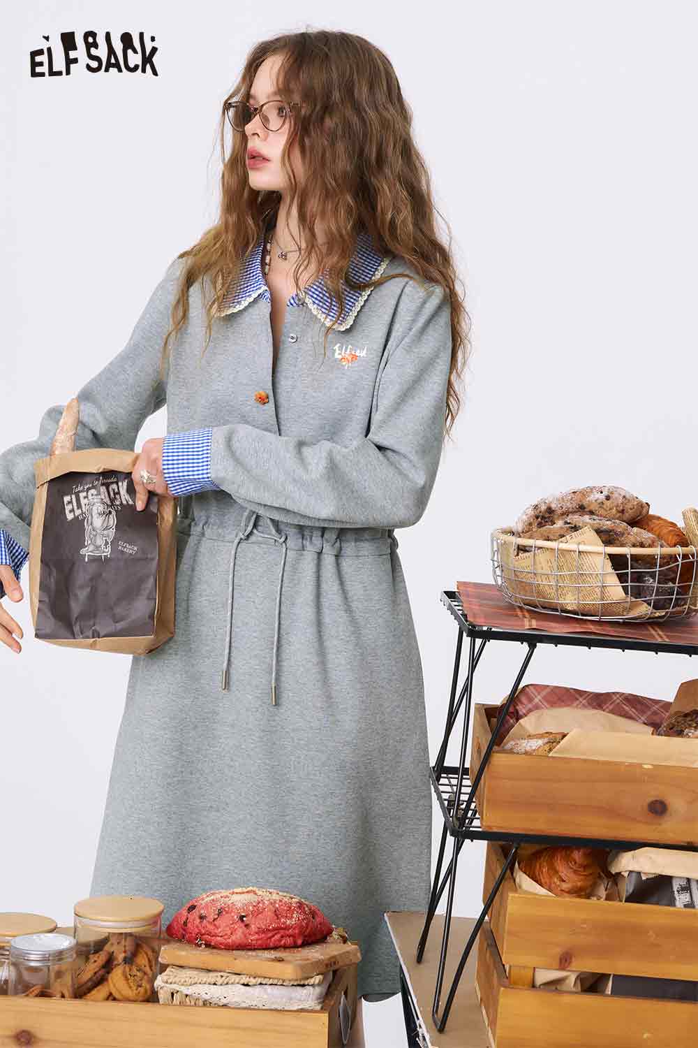 ELFSACK gray cinched waist dress for women midi knit dress with drawstring waist and blue gingham collar