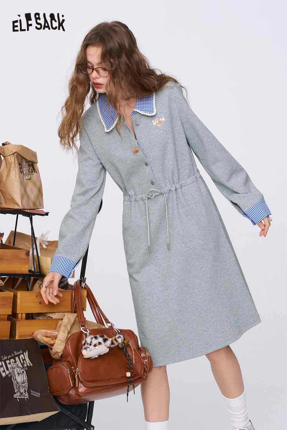 ELFSACK gray cinched waist dress for women with blue gingham collar and long sleeves