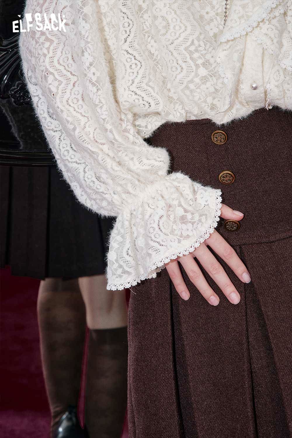 ELFSACK Chiffon lace tie neck blouse with elegant bell sleeves and intricate lace detailing