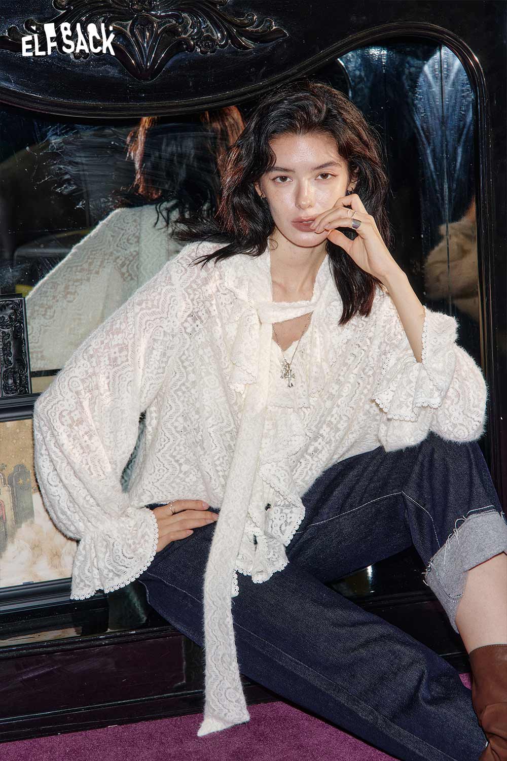 ELFSACK Chiffon lace tie neck blouse in white with stylish bell sleeves for elegant outfits