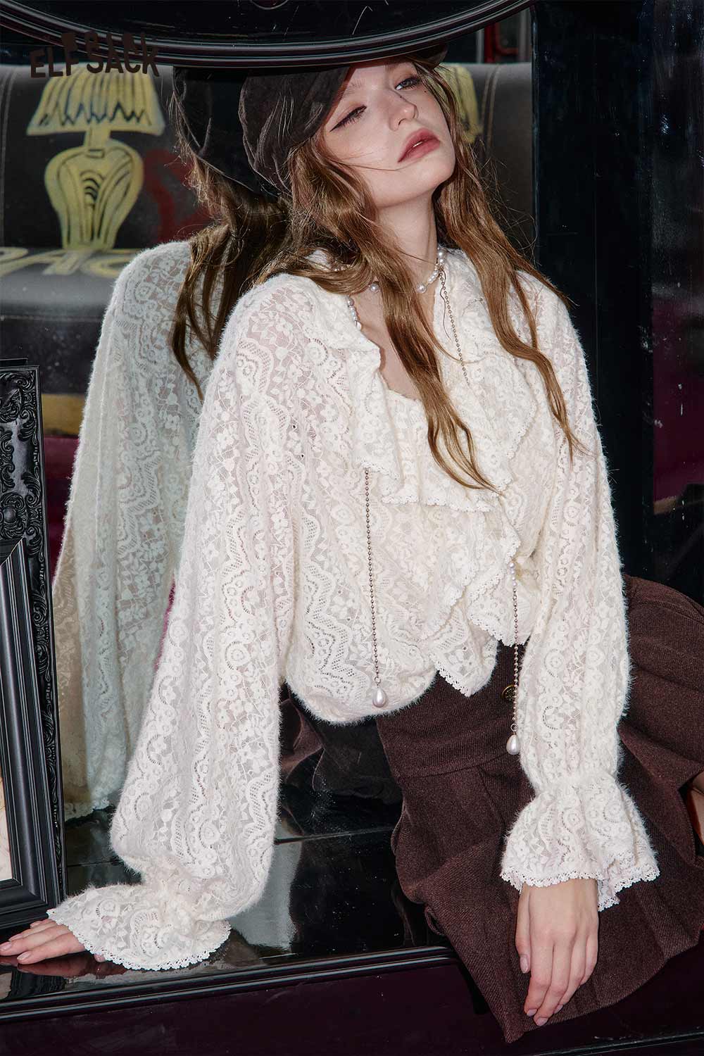 Elegant ELFSACK chiffon lace tie neck blouse with ruffled details for a stylish look