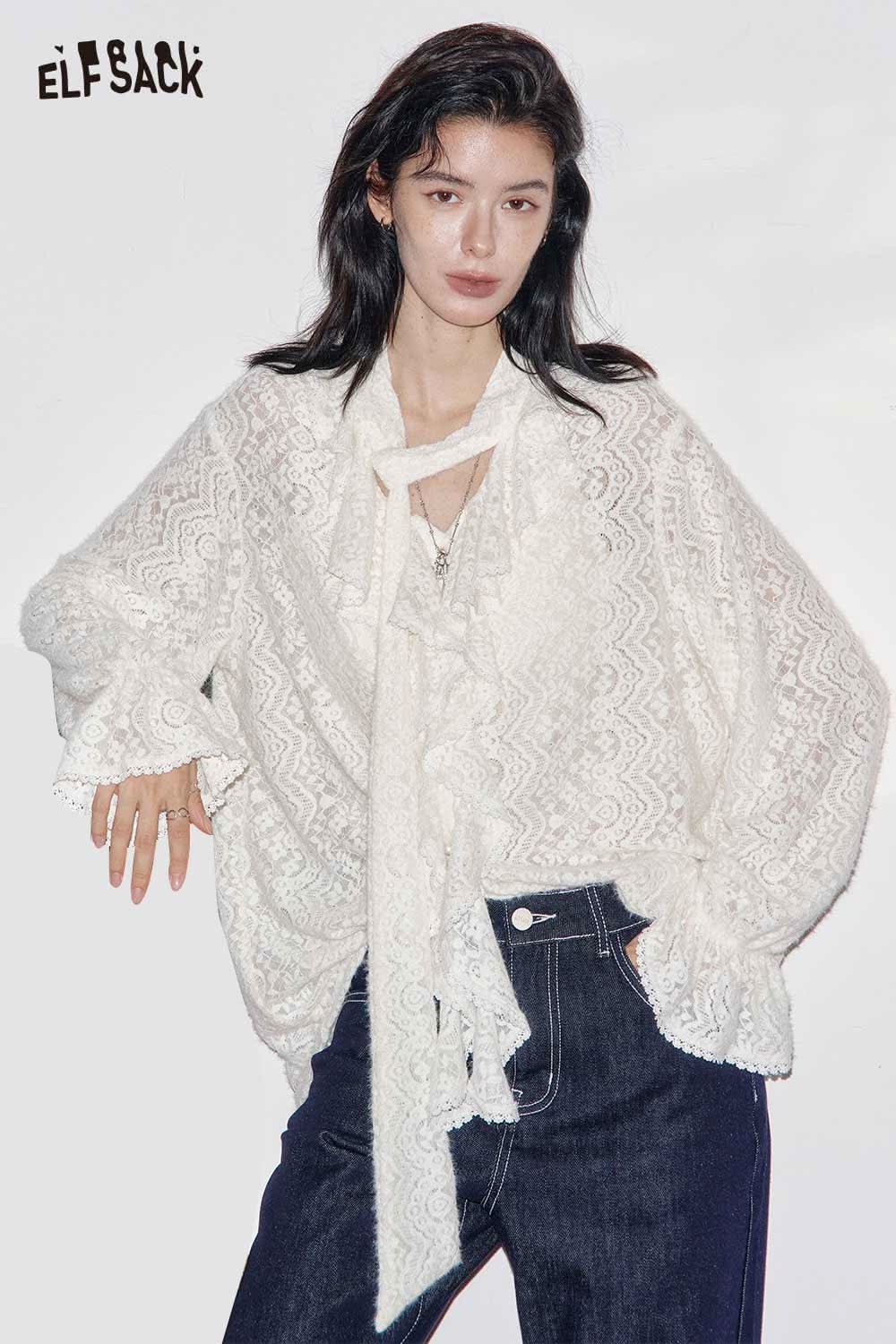 ELFSACK chiffon lace tie neck blouse in white with a stylish design and relaxed fit