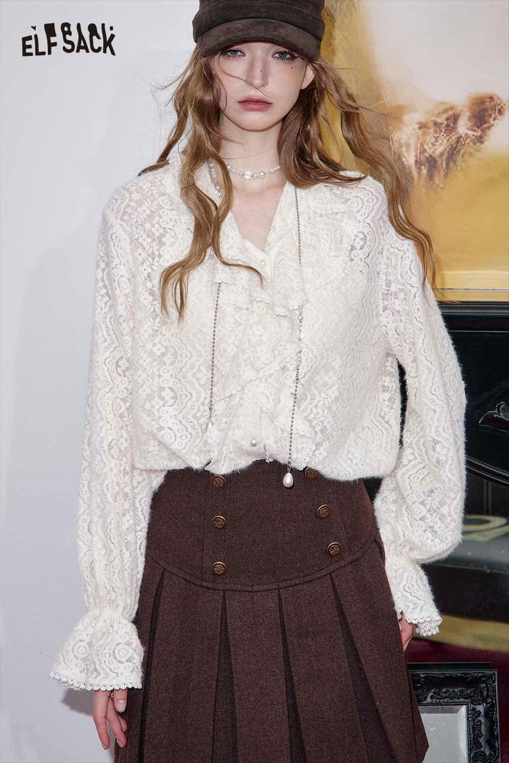 Stylish ELFSACK chiffon lace tie neck blouse in cream with long sleeves and ruffled details