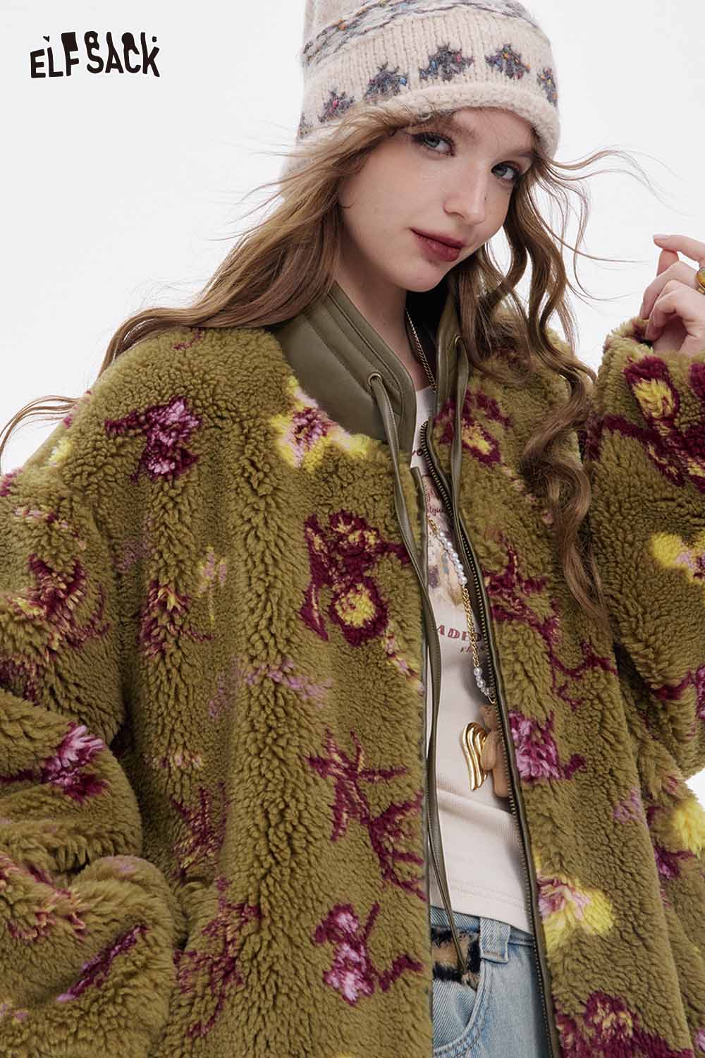 ELFSACK Chinese inspired floral coat in olive with plush texture and vibrant floral embroidery