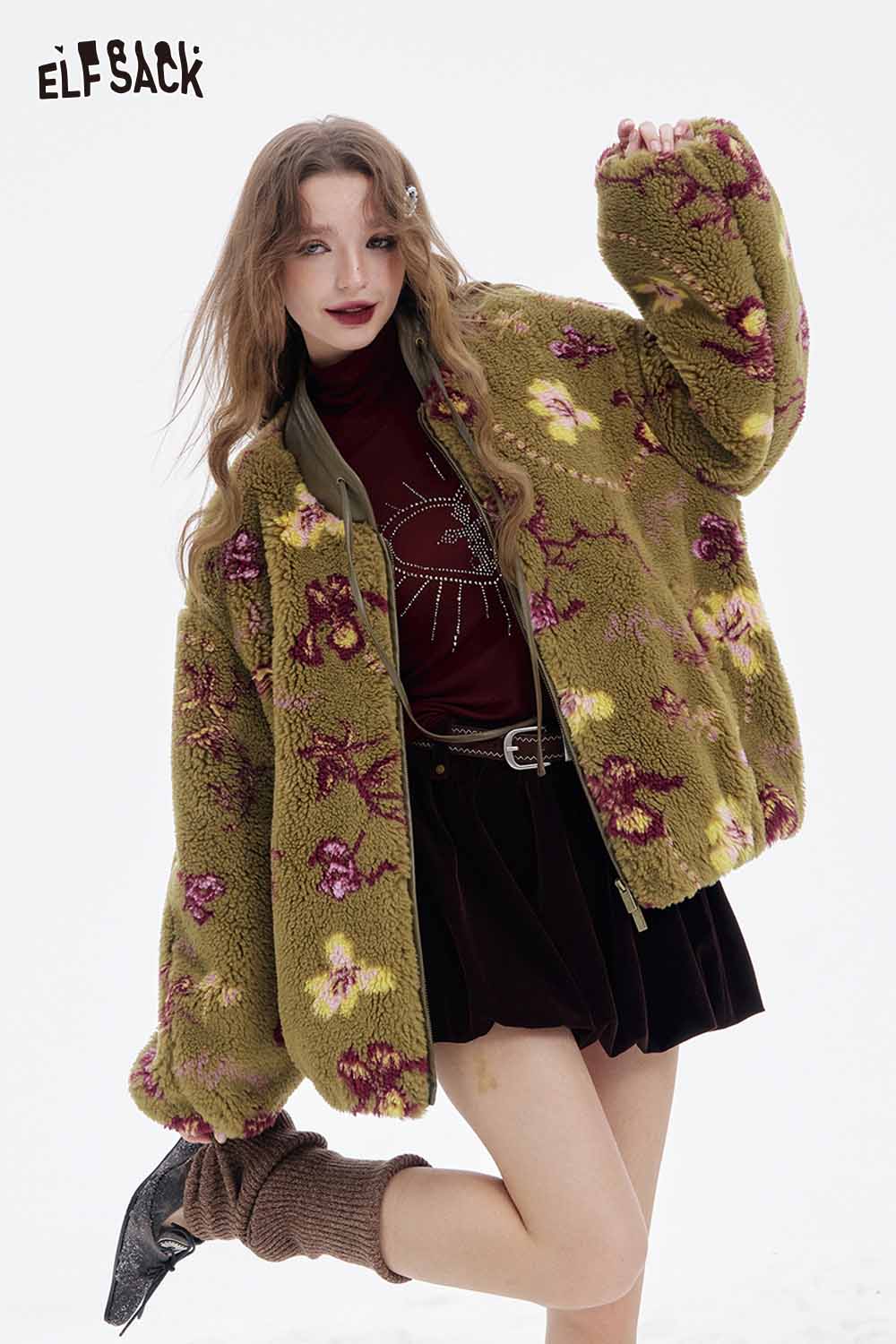 ELFSACK Chinese inspired floral coat in green and purple with oversized fit for a cozy look