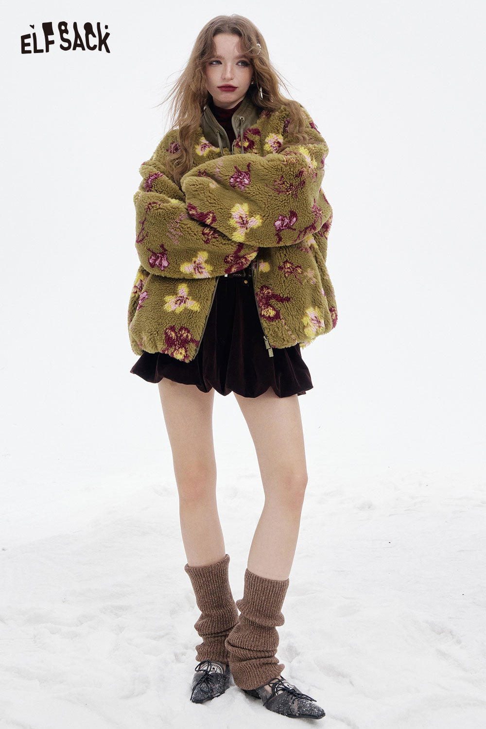 ELFSACK Chinese inspired floral coat in olive green with vibrant floral patterns for a stylish winter look