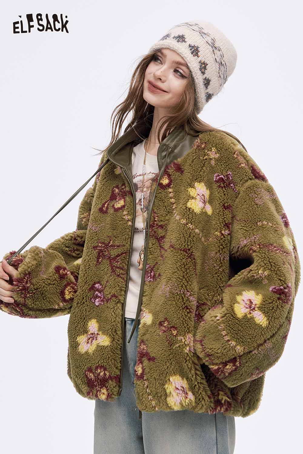 ELFSACK Chinese inspired floral coat in olive green with vibrant floral patterns and a cozy design