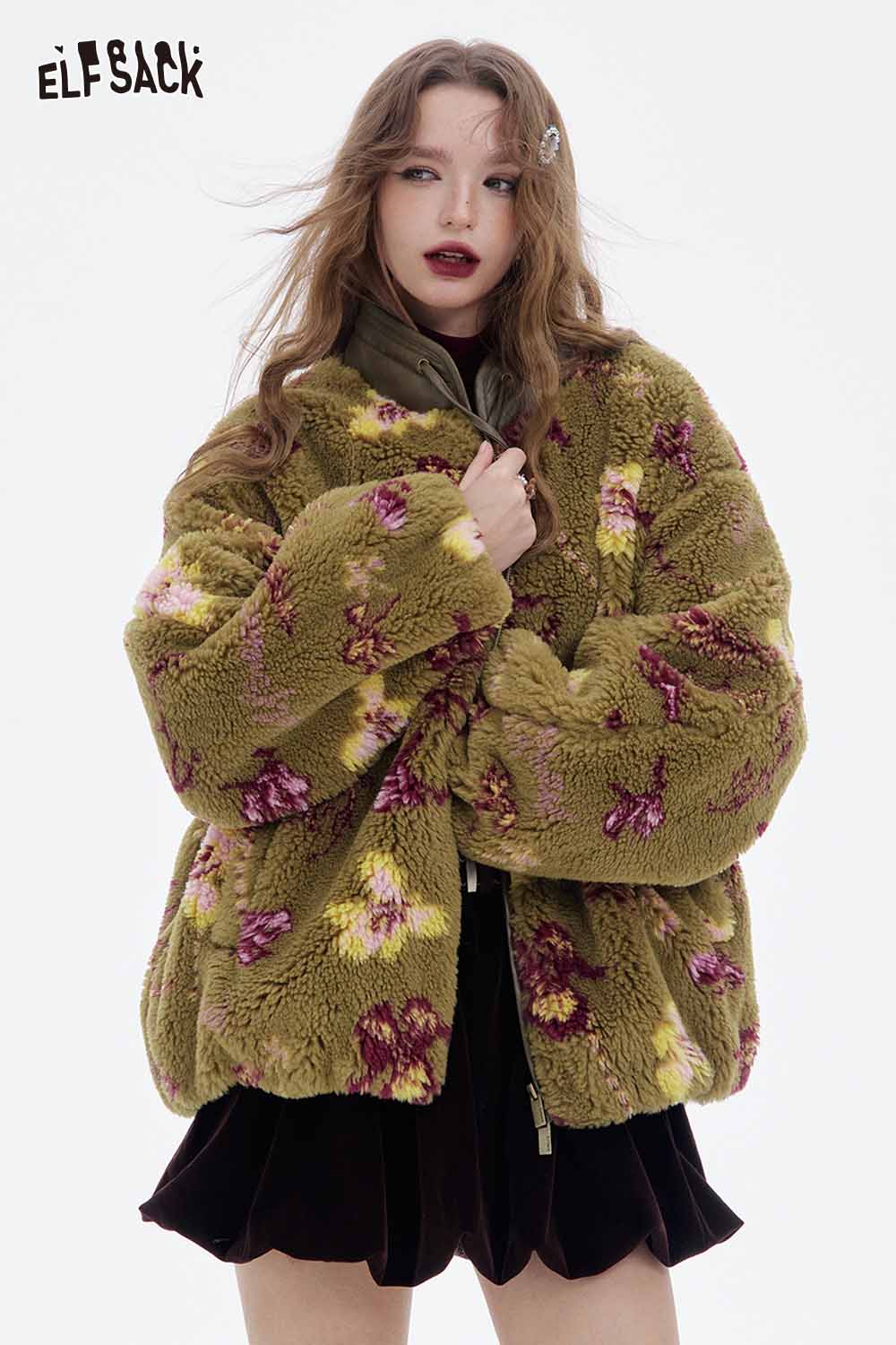 ELFSACK Chinese inspired floral coat in soft plush fabric with vibrant floral patterns