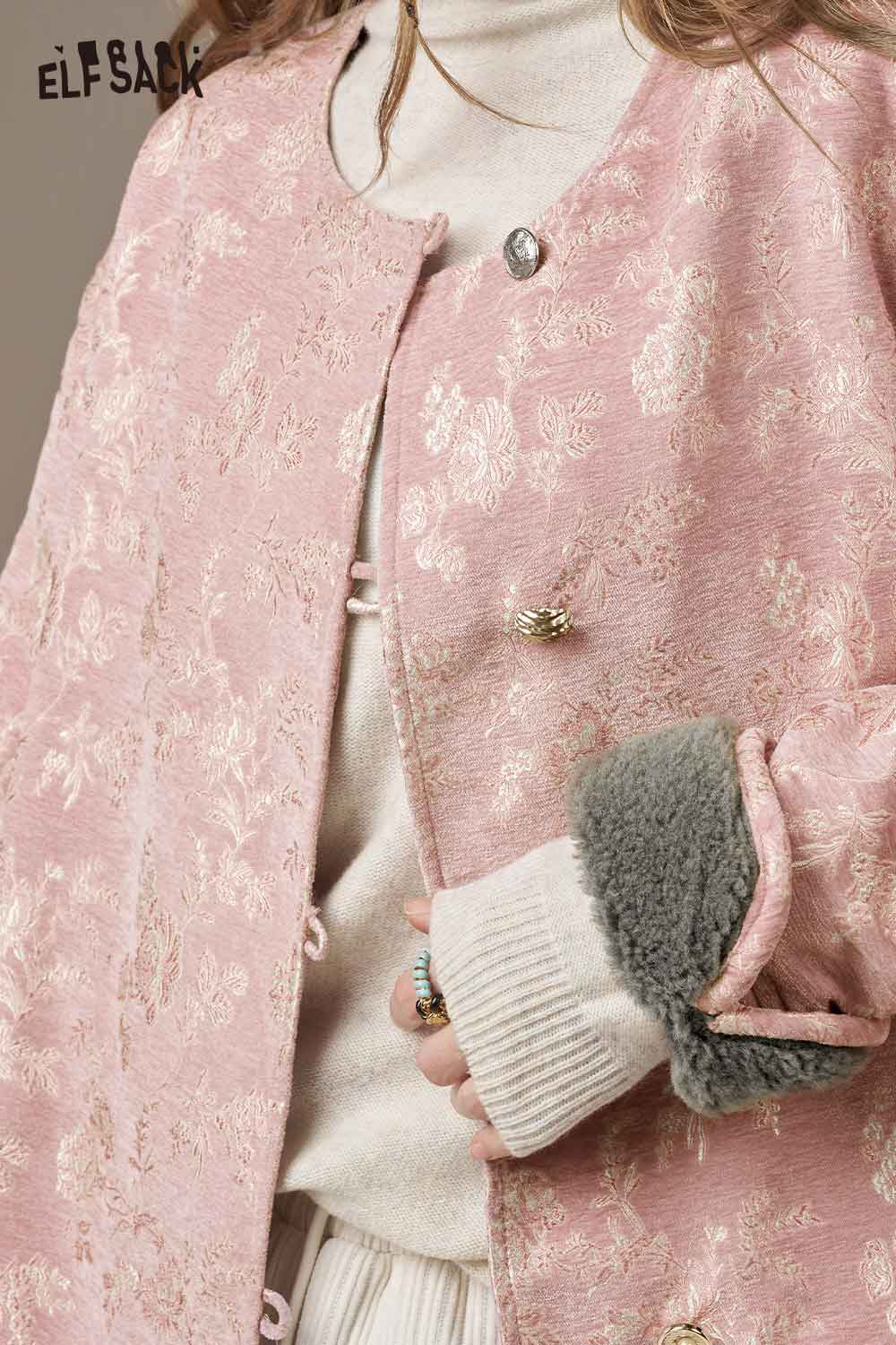 ELFSACK Chinese inspired puffer jacket for women in soft pink with intricate floral pattern and textured details