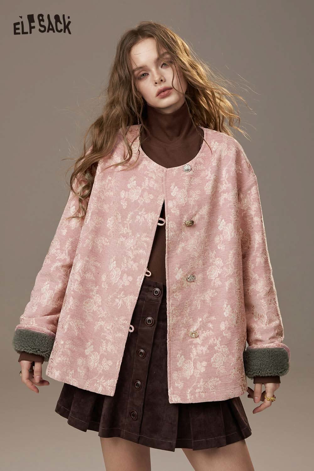 ELFSACK Chinese inspired puffer jacket for women in pink floral design with stylish buttons and soft cuffs