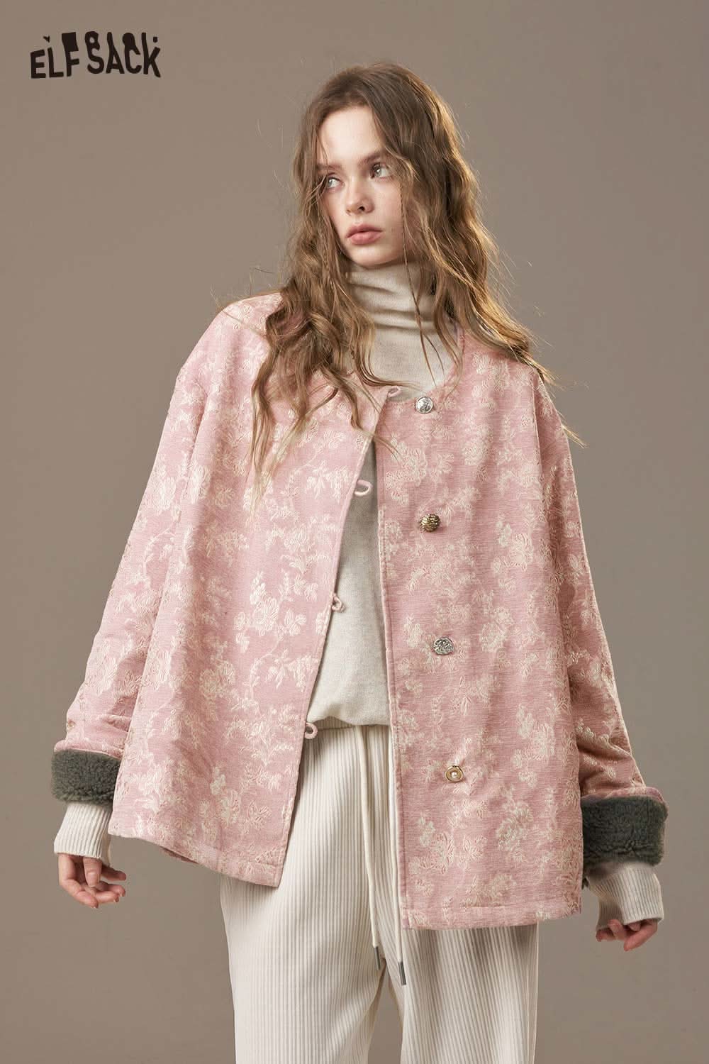 ELFSACK Chinese inspired puffer jacket for women in pink with floral pattern and button details