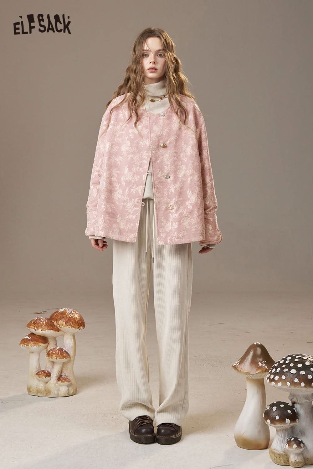 ELFSACK Chinese inspired puffer jacket for women in soft pink with floral design, styled with light pants
