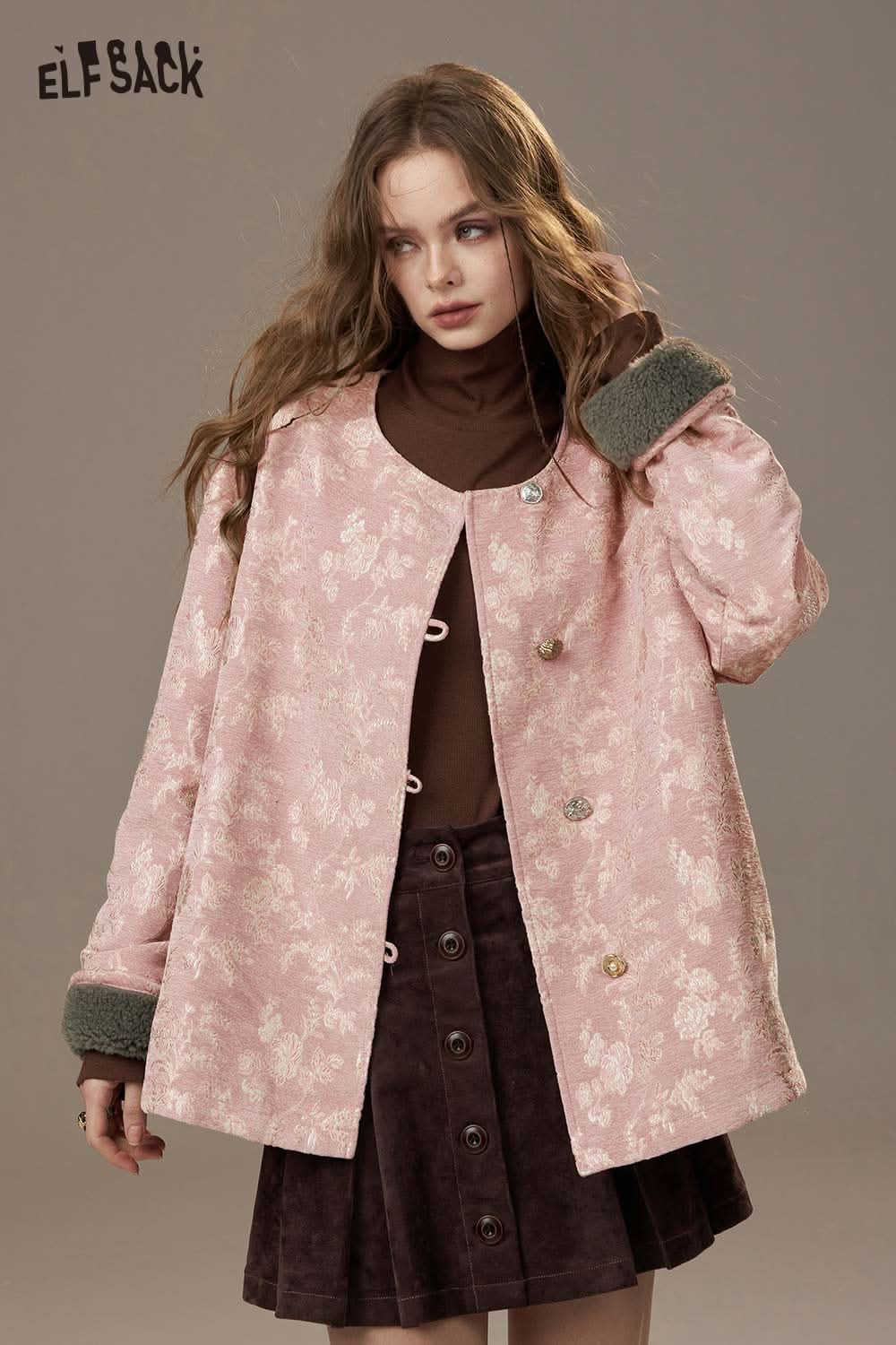 ELFSACK Chinese inspired puffer jacket for women in soft pink with floral design and cozy cuffs