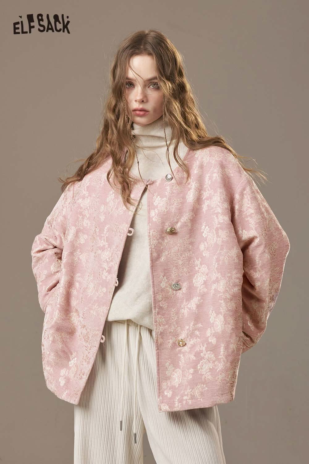 ELFSACK Chinese inspired puffer jacket for women in pink with floral patterns and oversized design