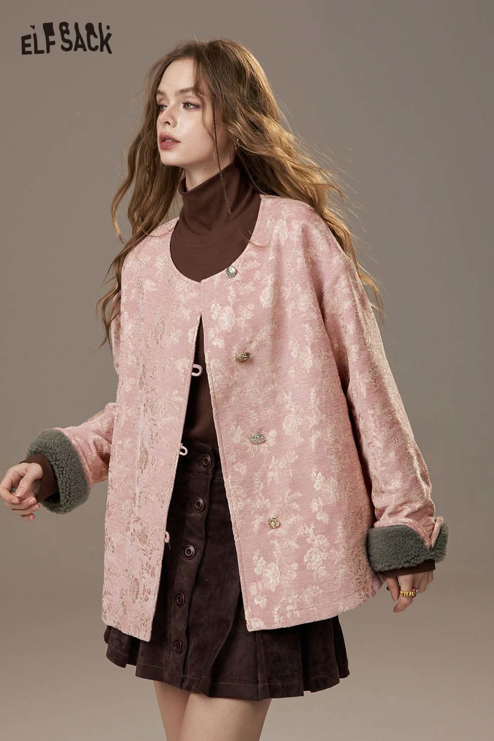 ELFSACK Chinese inspired puffer jacket for women in soft blush with floral design and cozy cuffs.