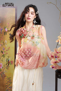 ELFSACK Chinese Style Floral Sheer Vest
