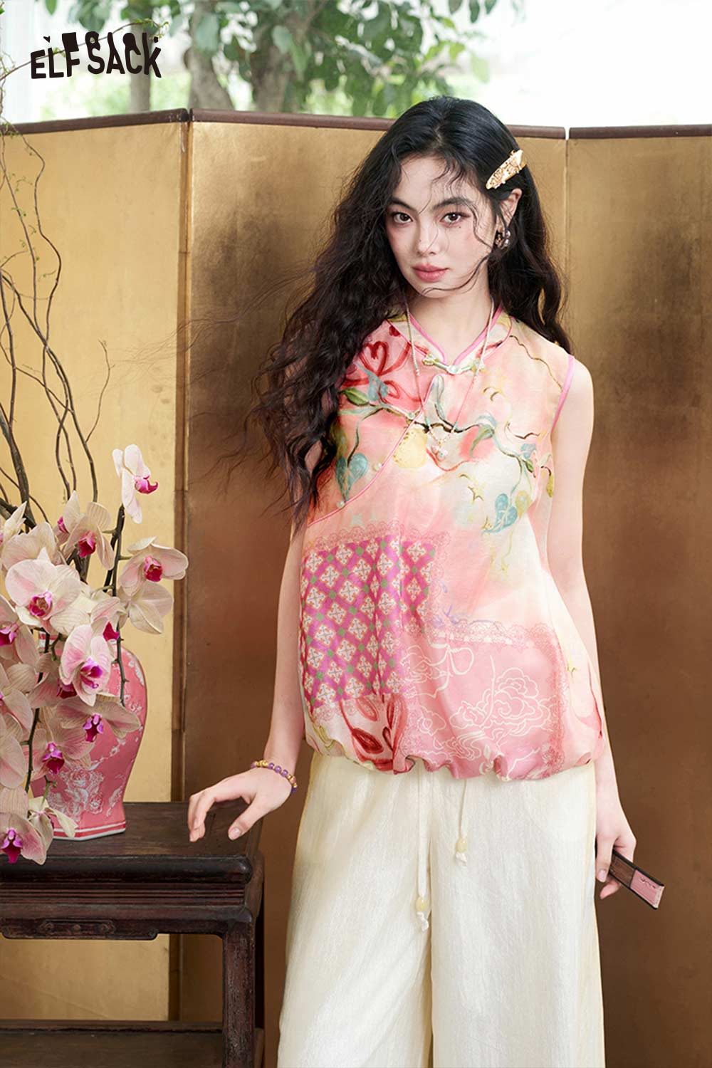 ELFSACK Chinese Style Floral Sheer Shirt