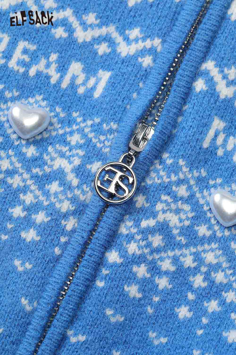 ELFSACK Christmas graphic reversible sweater in light blue with heart-shaped buttons and zip detail