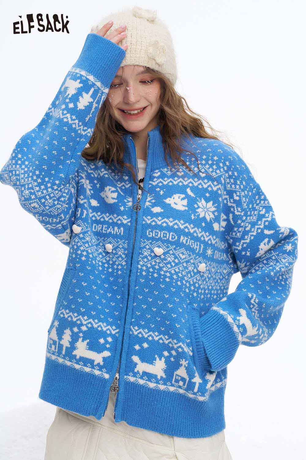 ELFSACK Christmas graphic reversible sweater in blue with festive patterns and zipper design