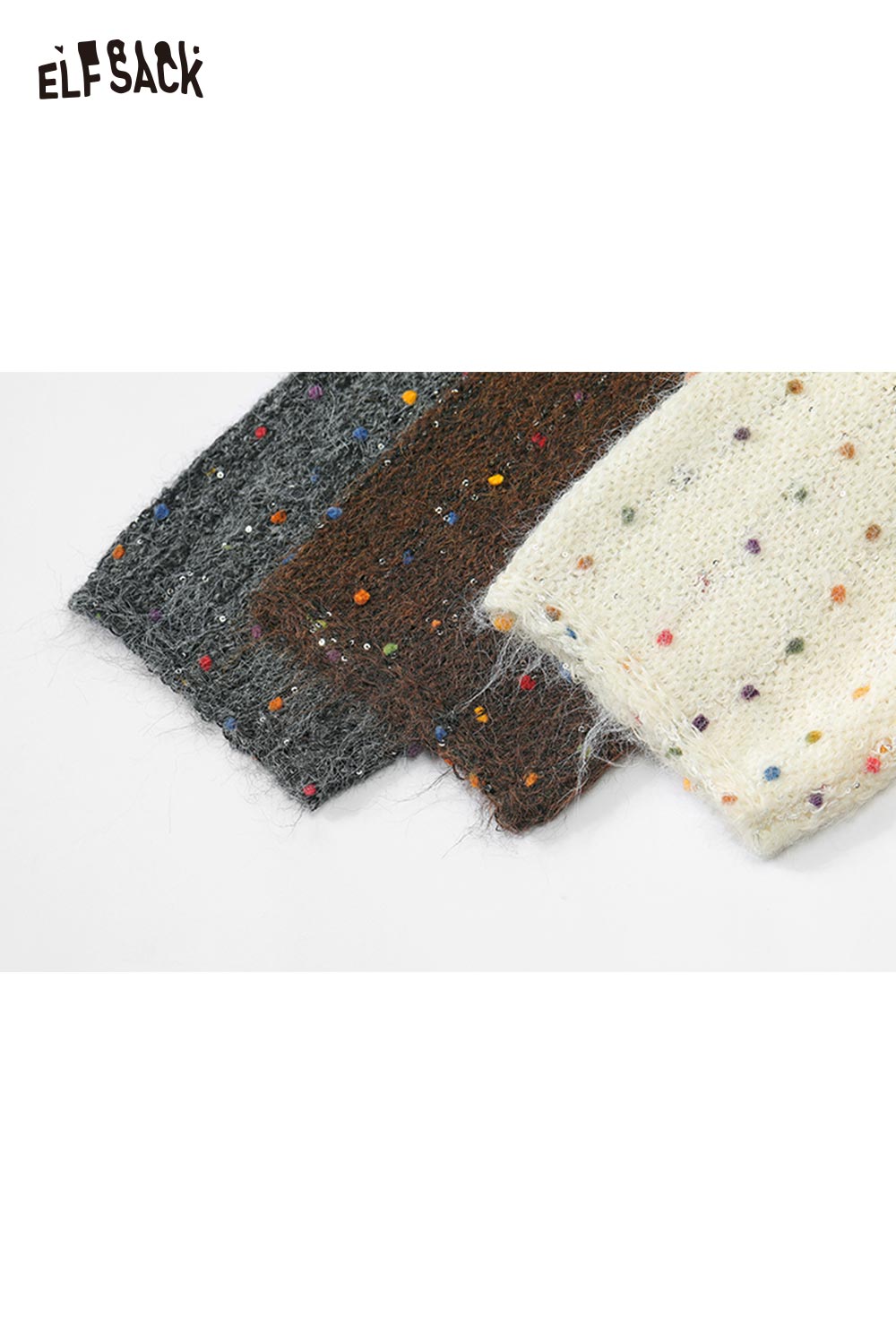 ELFSACK chunky v-neck cardigan for women featuring colorful speckled knit texture
