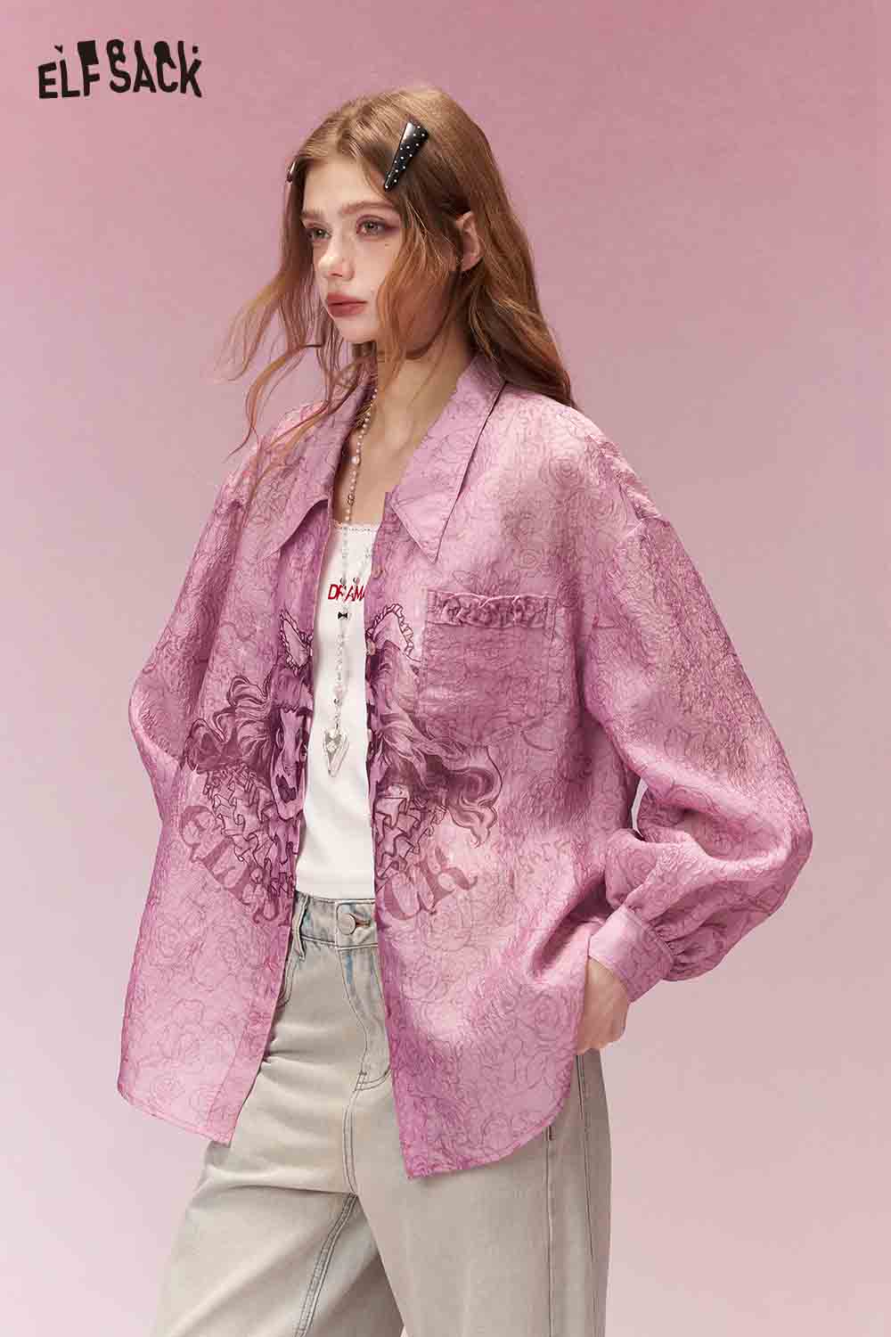 ELFSACK Women Pink Clown Girl Print Shirt with Soft Fabric and Loose Fit Style