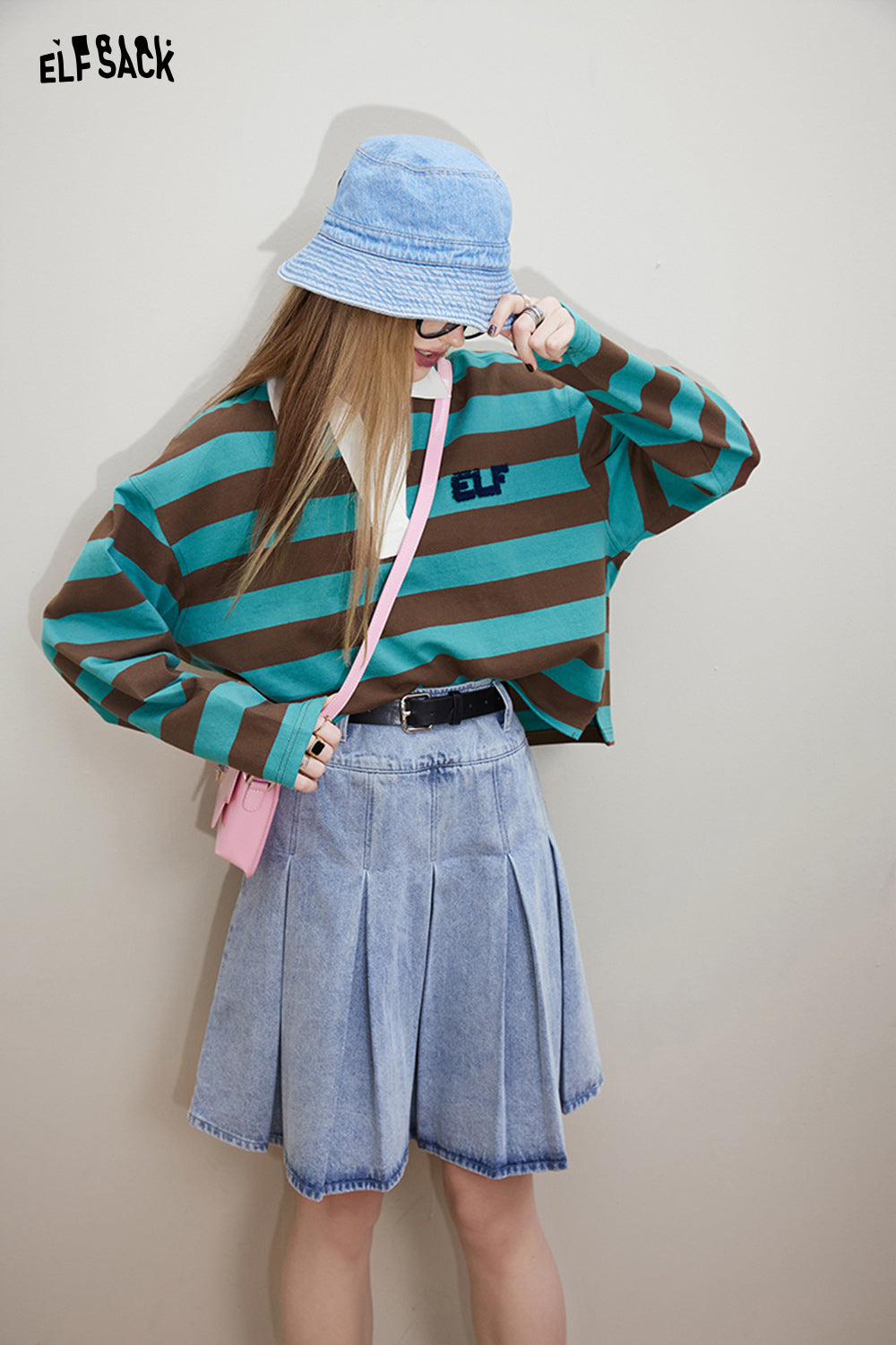 ELFSACK College Style Striped long sleeve t-shirt in teal and brown with casual fit