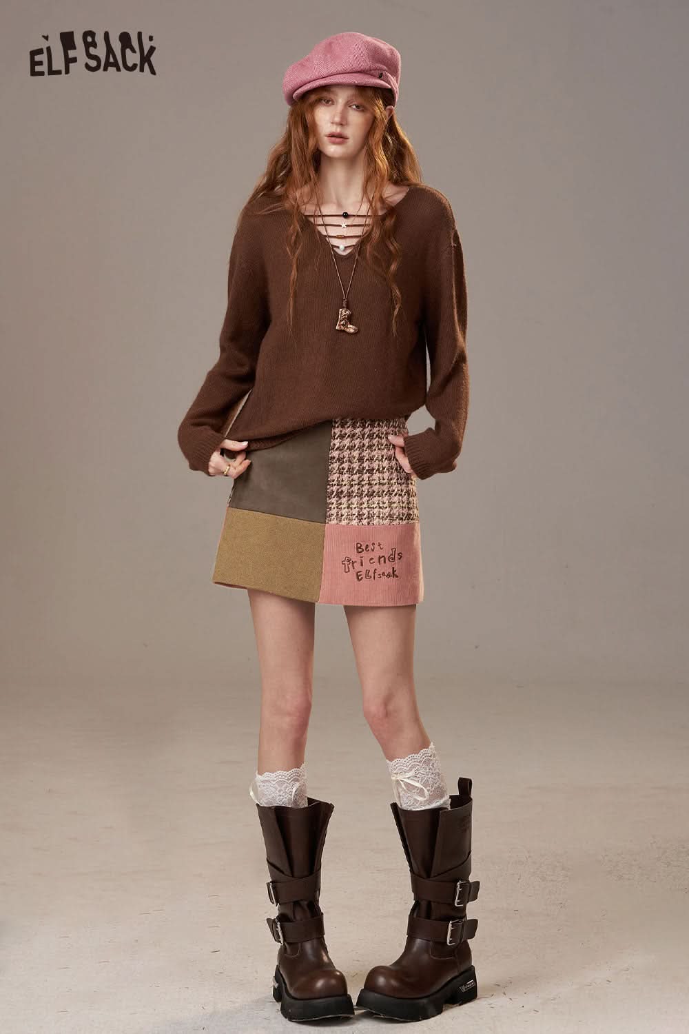 ELFSACK color block a-line skirt featuring unique patchwork in various colors for a stylish look