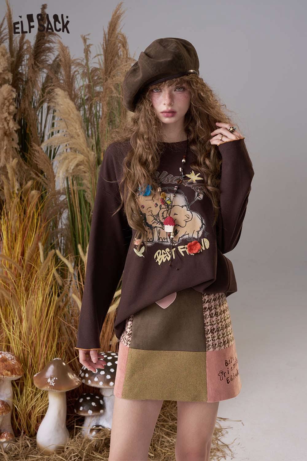 ELFSACK color block a-line skirt featuring a fun patchwork design and stylish details