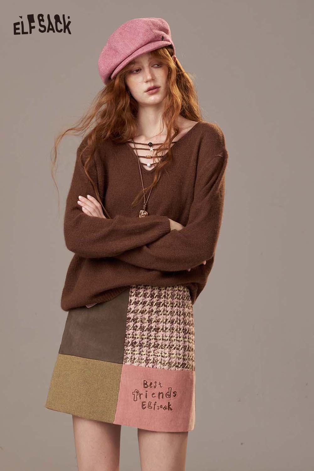ELFSACK color block a-line skirt featuring houndstooth and solid patches for a trendy casual look