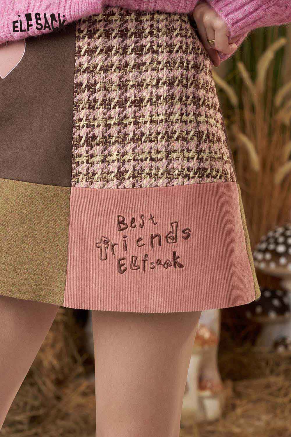 ELFSACK Color Block A-Line Skirt featuring unique patchwork and playful Best Friends design