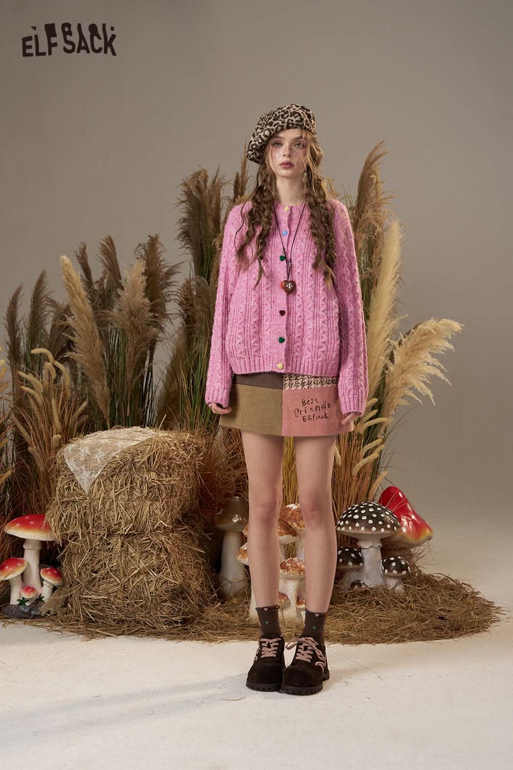 ELFSACK Color Block A-Line Skirt in earthy tones, styled with a pink sweater and accessories