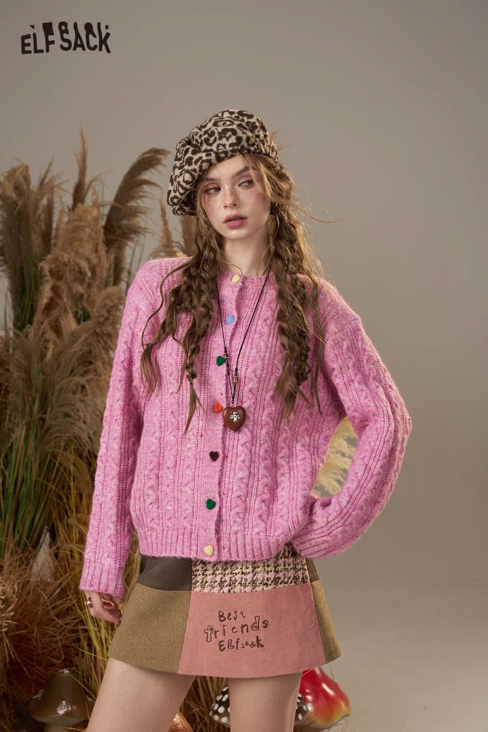 ELFSACK color block a-line skirt with playful design paired with a cozy pink cardigan