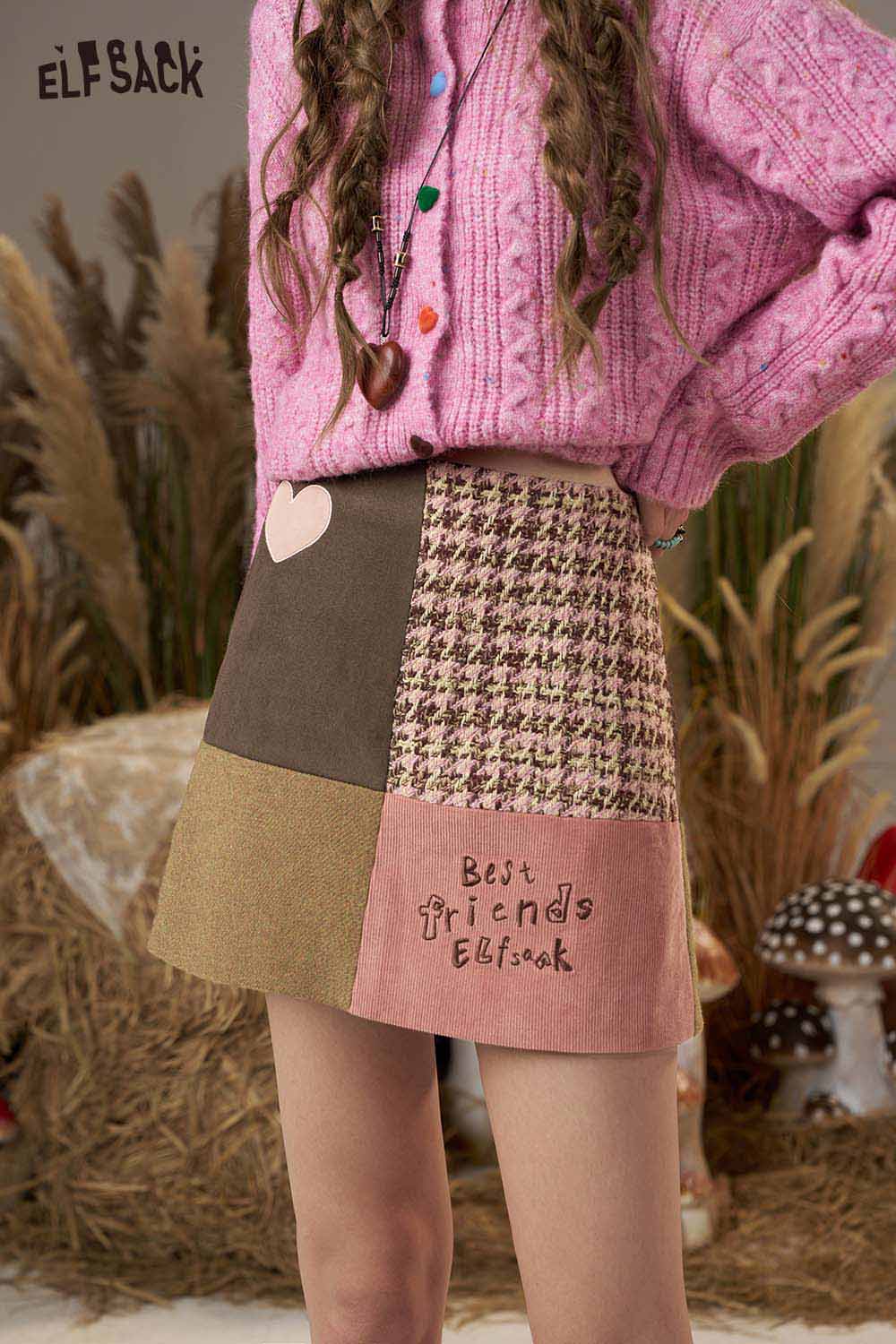 ELFSACK Color Block A-Line Skirt with Unique Patchwork Design and Cute Heart Detail