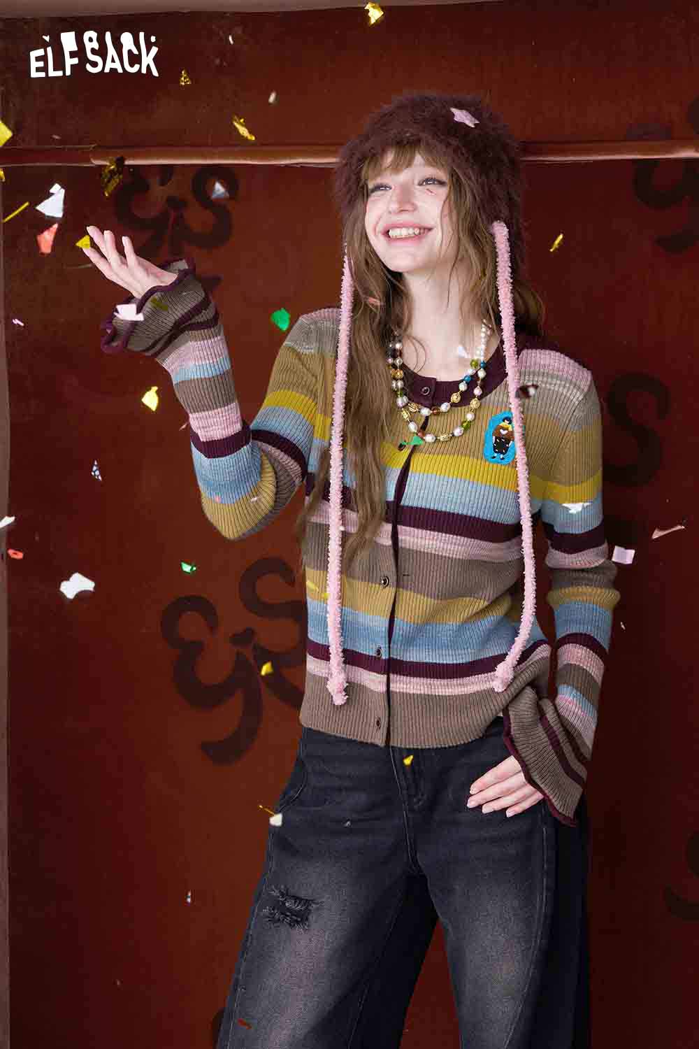 ELFSACK color block cropped knit cardigan with striped design and playful accessories