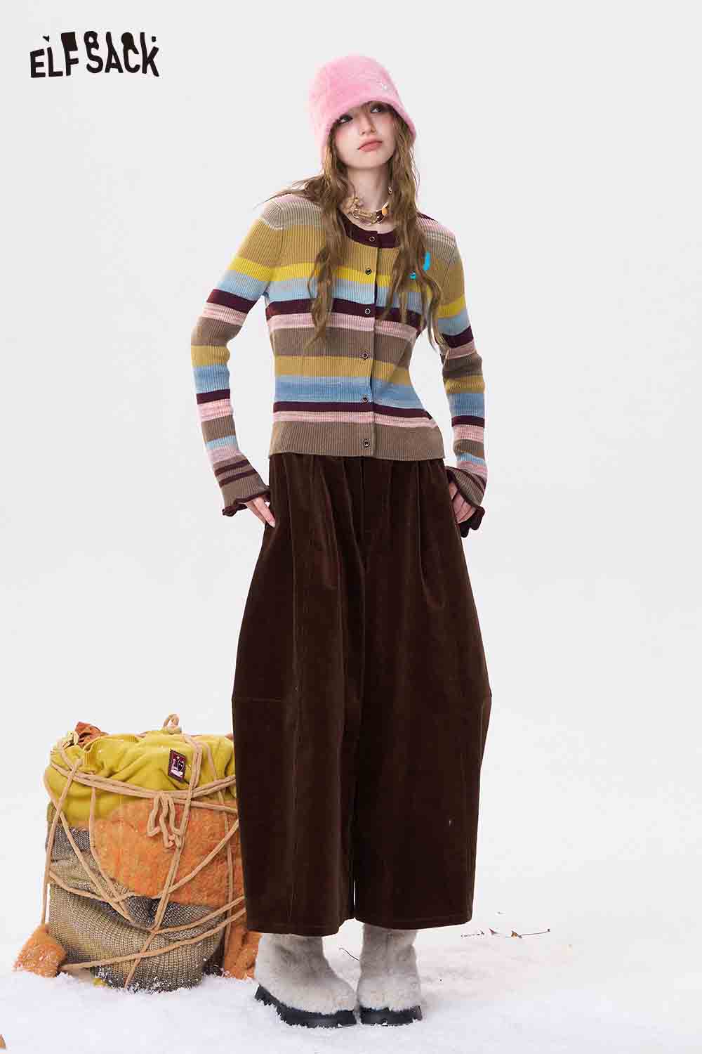 ELFSACK color block cropped knit cardigan in multicolor stripes, styled with wide-leg brown pants