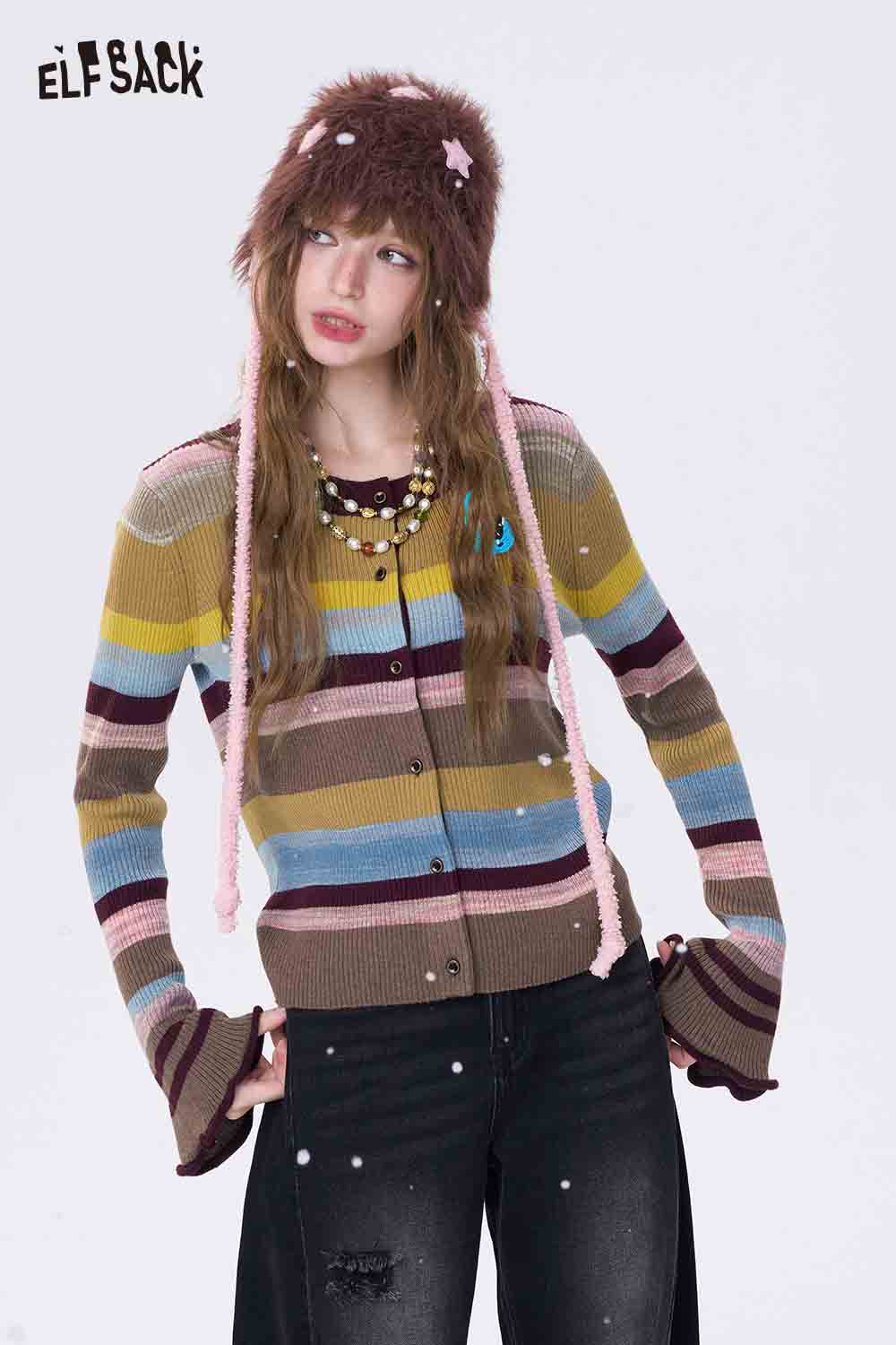 ELFSACK color block cropped knit cardigan with colorful stripes and balloon sleeves for a trendy look