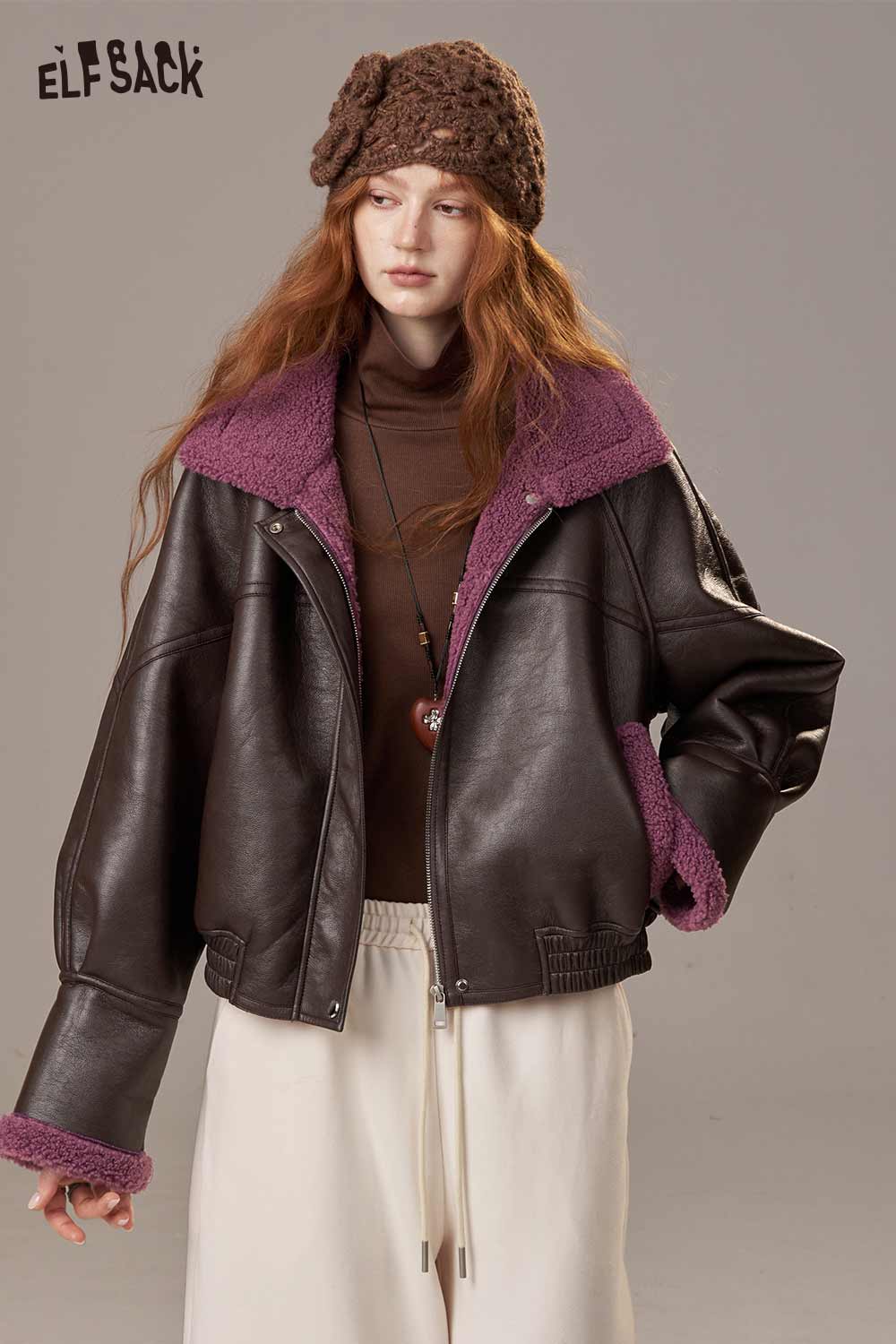 ELFSACK color block faux fur bomber jacket in brown and pink for a trendy winter look