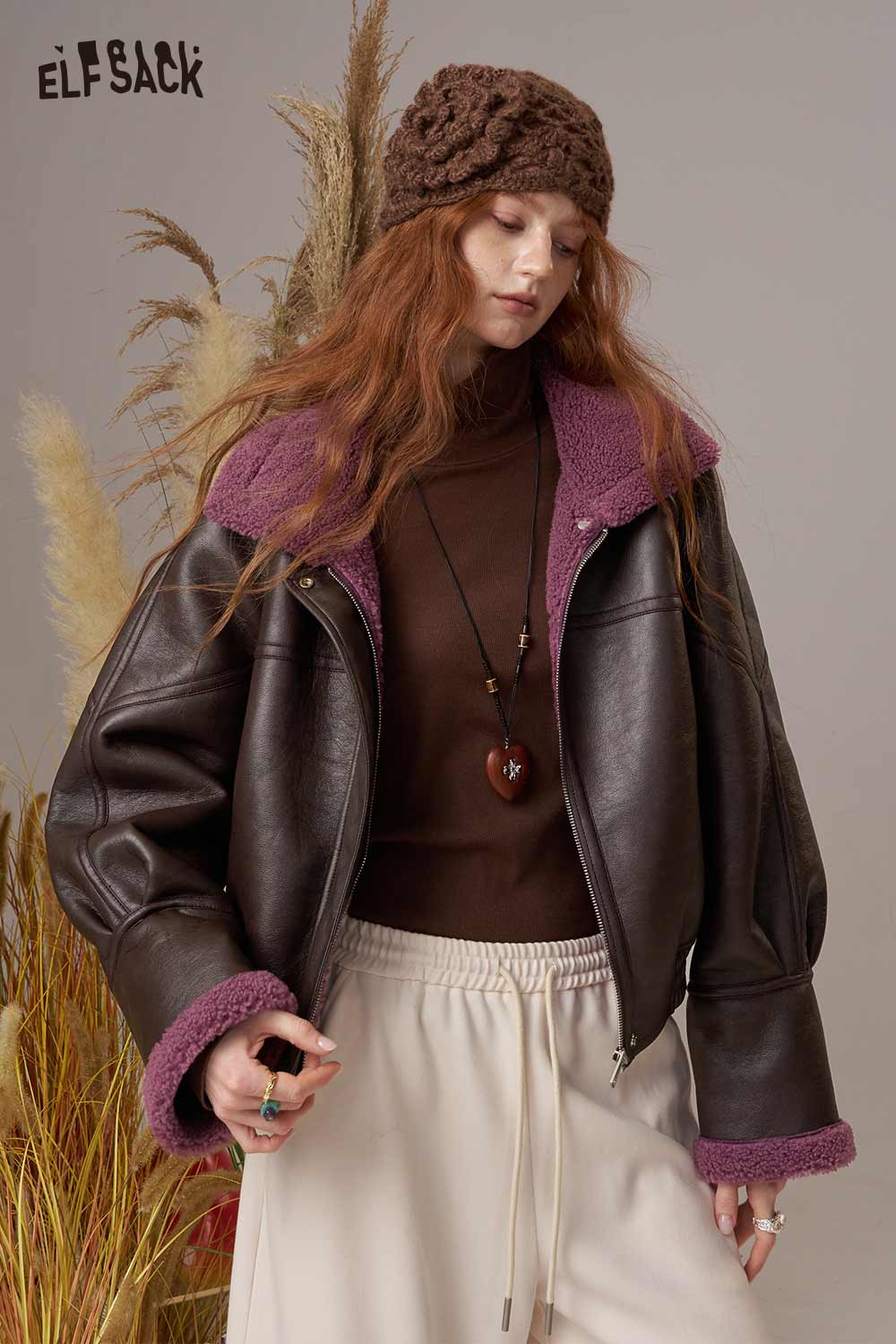 ELFSACK color block faux fur bomber jacket in brown with pink fur collar and cuffs for a trendy winter look