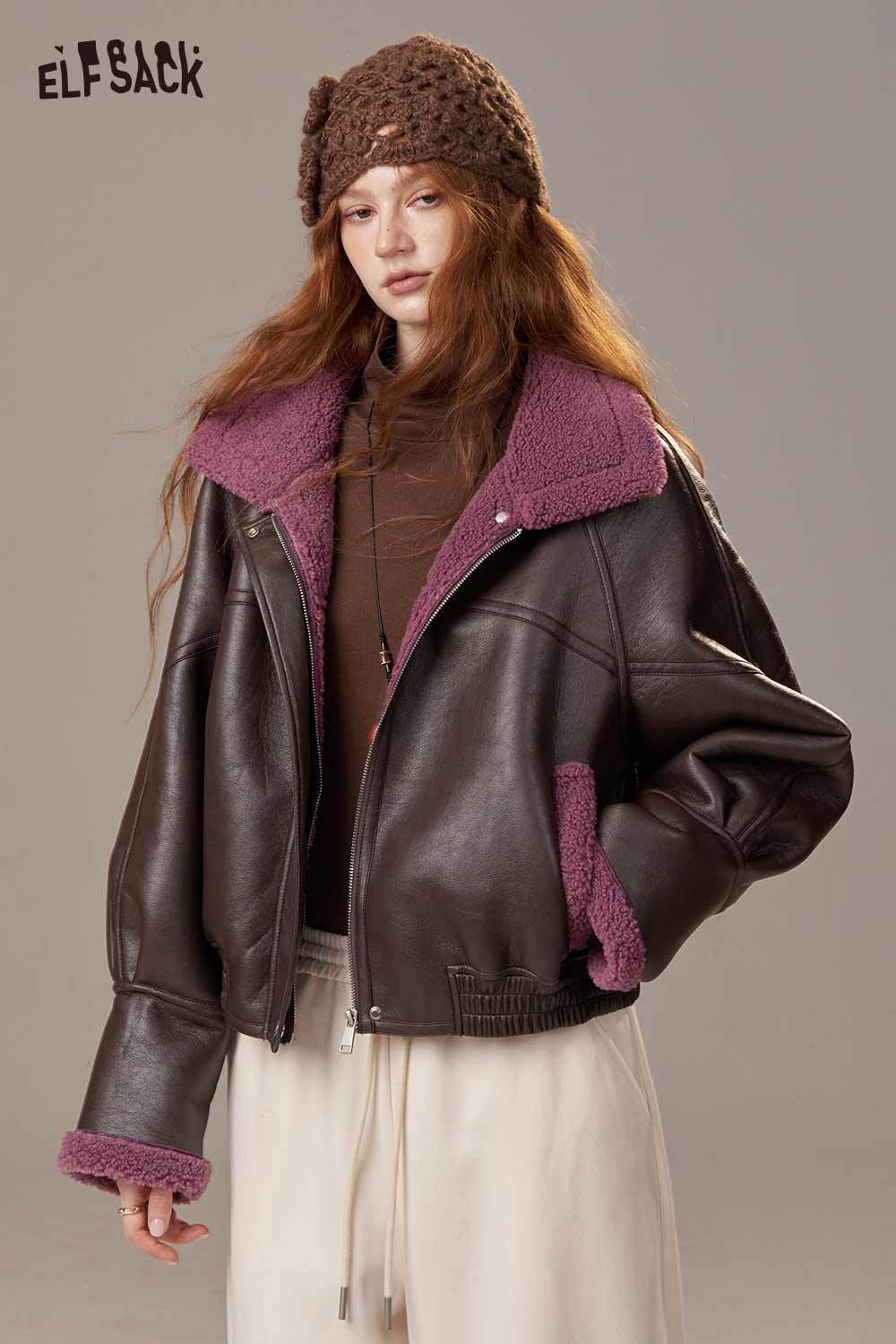 Color block faux fur bomber jacket by ELFSACK with cozy collar and stylish sleeves